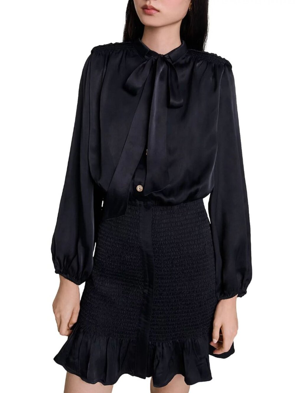 maje Riella Tie Neck Shirred Satin Dress